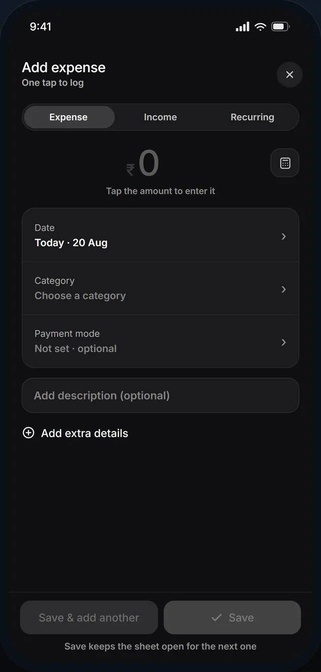 The add-expense sheet with date, category and payment mode on one screen.