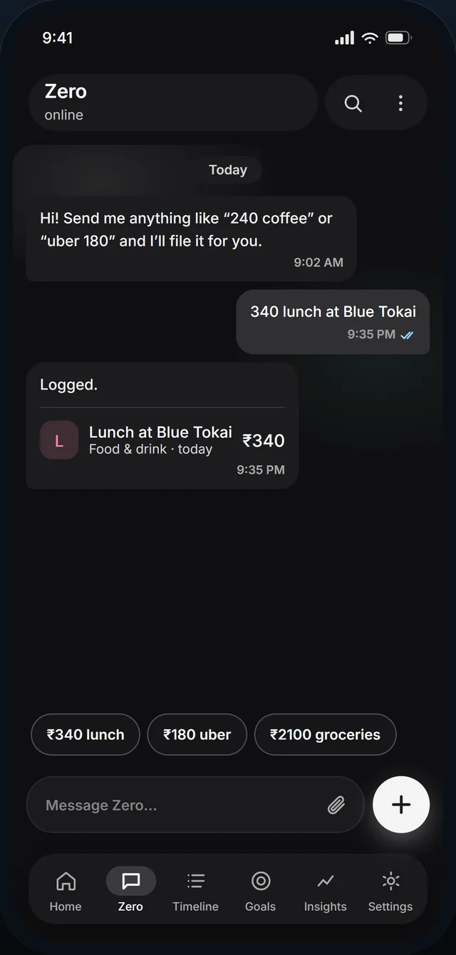 Chat screen where “340 lunch at Blue Tokai” becomes a Food and drink expense.